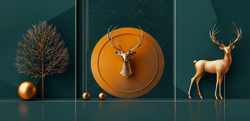 Wall Mural - 3D art modern boho mural wall decor wallpaper with golden trees, shapes and deer. For canvas use on walls.