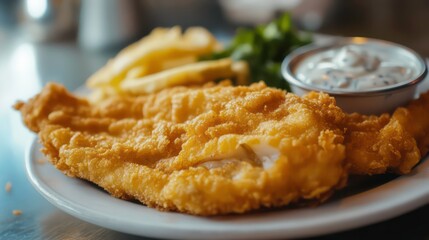 Poster - A plate of crispy fried catfish, served with tartar sauce.