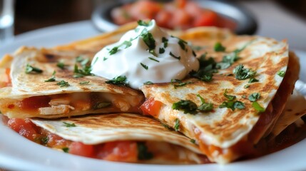 Poster - A close up of a plate of chicken quesadillas topped with sour cream and cilantro.
