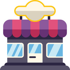 Poster - Cartoon illustration featuring a small business storefront with an awning and a blank sign, perfect for representing local commerce and entrepreneurship
