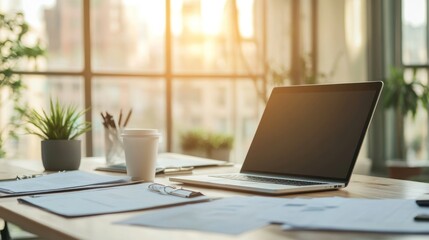 Wall Mural - Laptop on Desk, Sunlight Streaming Through Window, Modern Office Workspace