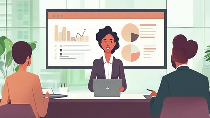Poster - Businesswoman Presenting Financial Data to Colleagues in Modern Office Setting