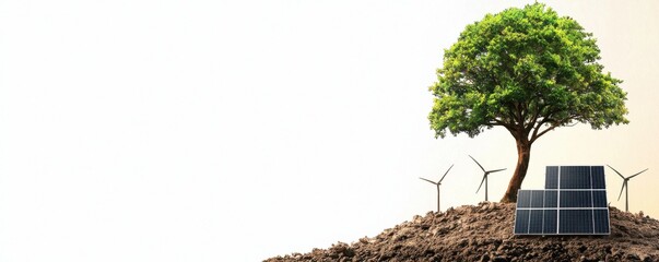 Wall Mural - A green tree stands on soil next to solar panels and wind turbines, symbolizing renewable energy and environmental sustainability.