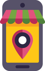 Poster - smartphone with shop awning displaying location pin, representing online shopping and delivery servi