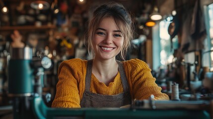 Wall Mural - Woman sitting at a vintage sewing machine, smiling proudly while working in a cozy and artistic setting, symbolizing craftsmanship.