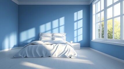 Poster - Tranquil Minimalist Bedroom with Natural Light and Elegant Interior Design in Soft Blue Tones : Generative AI