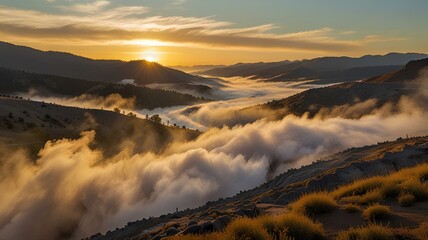 Wall Mural - A valley filled with steam from hot springs under a golden sunset.