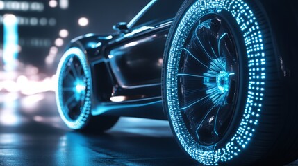 Aufkleber - A sleek, futuristic vehicle showcases vibrant, illuminated wheels as it navigates through a bustling cityscape at night. Bright neon lights of urban life create an electric atmosphere.