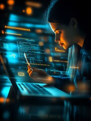 Aufkleber - Young Woman Immersed in Cyber World with Smartphone and Laptop Technology : Generative AI