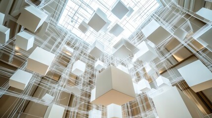 Fototapete - Abstract geometric structure of white cubes suspended from the ceiling with a white net in a modern building.