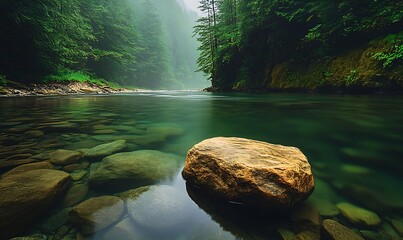 Poster - Serene River with Moss-Covered Stones in a Misty Forest Landscape : Generative AI