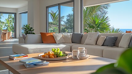 Poster - Contemporary Coastal Living Room with Abundant Light and Vibrant Elements : Generative AI
