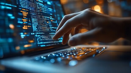 Aufkleber - Hand Typing Code on Laptop Computer in Dimly Lit Tech Environment : Generative AI