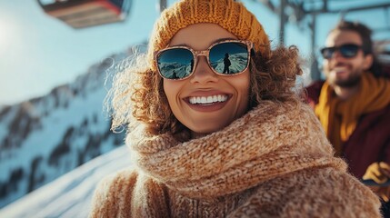 Wall Mural - Cheerful friends enjoying a winter day on a ski lift, dressed in cozy winter wear and sunglasses, capturing the joy of outdoor winter sports and friendship. 