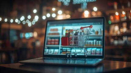 Poster - A laptop with a shopping cart icon on the screen, representing online shopping. The background is a blurry image of a store interior.