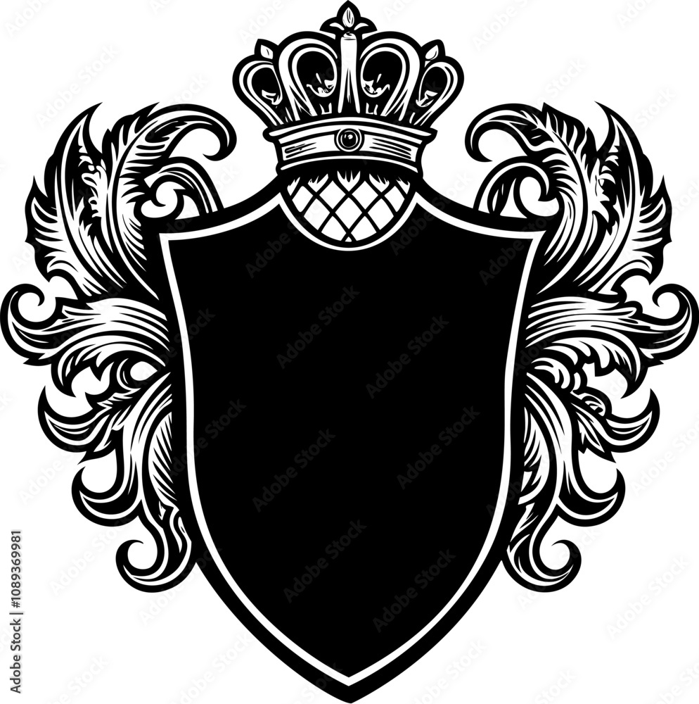 Heraldic shield with royal floral ornament. Vintage crest sign or coat ...