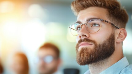 Poster - A team of businesspeople sits in a boardroom, listening intently as a colleague presents a new strategy, their faces reflecting a mixture of skepticism, interest, and engagement.