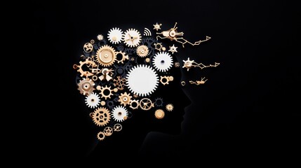 Poster - A human head rendered in sleek, metallic lines with intricate gears turning and interlocking within, representing the complex processes of thought, learning, and problem solving.