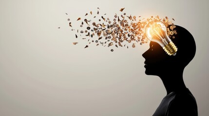 Poster - A human silhouette with a light bulb replacing their head, its filament glowing brightly as gears turn and ideas flow around it, representing the power of innovation and creativity.