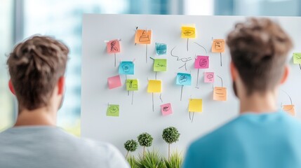 Poster - A team of designers gathers around a large whiteboard, their faces lit by the glow of colorful sticky notes and marker drawings as they brainstorm ideas for a new marketing campaign.