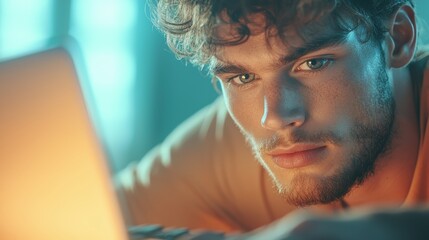 Poster - A writer stares intently at their laptop screen, their fingers hovering over the keyboard as they wrestle with a difficult paragraph, the room around them fading away as they delve deeper into their