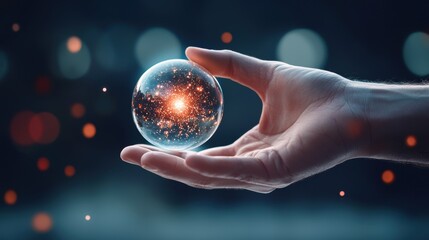 Poster - A hand reaches out to touch a shimmering sphere of light, symbolizing the pursuit of knowledge, the desire to understand the mysteries of the universe, and the search for meaning in life.