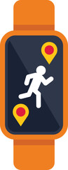 Poster - orange smartwatch displaying a running app, showing a runner icon and location markers on a dark scr