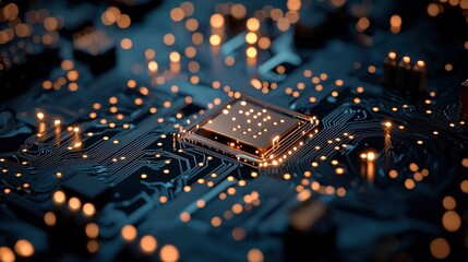 Poster - A close up shot of a complex circuit board with glowing pathways, data packets flowing rapidly, showcasing the intricate workings of advanced technology.
