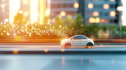 Poster - a self driving car navigating a busy city street, its sensors scanning the environment and making re