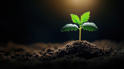 Poster - A tiny sprout pushing through rich, dark soil, reaching towards the sunlight with vibrant green leaves.