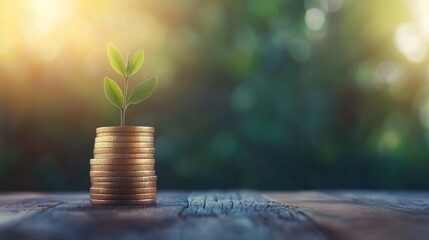 Poster - A stack of gold coins with a plant sprout emerging from the top, representing the potential for investments to grow.