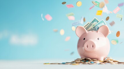 Poster - a piggy bank overflowing with colorful bills and coins, representing successful savings and financia