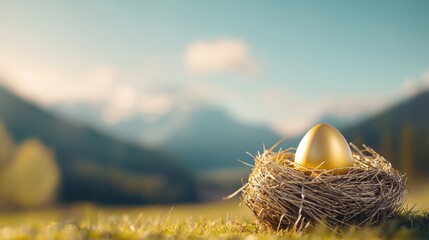 Poster - a golden egg nestled in a secure nest, signifying a secure retirement fund and long term financial s