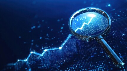 Poster - Business growth analysis with a magnifying glass over a digital graph showcasing upward trends in data, finance, and investment opportunities in a technology-driven world