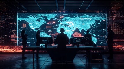 Poster - team of subordinates monitoring a global project in high tech command center