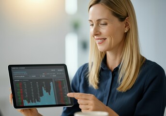 Poster - Happy businesswoman pointing at positive financial data on tablet, smiling in office