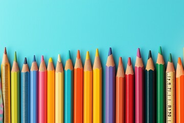 Colorful assortment of sharpened wooden pencils on bright blue background for art and education themes