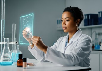 Poster - Scientist interacting with augmented reality interface, analyzing chemical formula of a cosmetic product in laboratory
