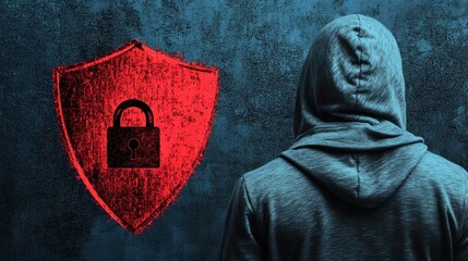 Poster - Mysterious Figure in Hooded Sweatshirt Facing Red Shield Symbolizing Cybersecurity and Protection, Representing Digital Safety and Online Threats in Modern Society