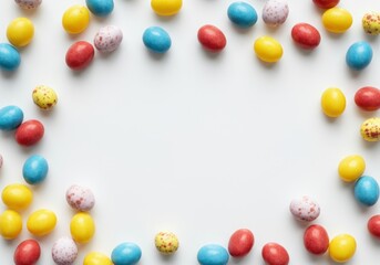 Wall Mural - Chocolate easter eggs border on a white background creating a colorful frame with copy space
