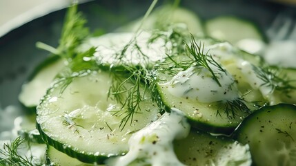 Poster - Close-up of a refreshing cucumber salad with dill and a creamy dressing.