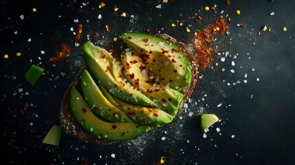 Poster - A close-up of an avocado toast with salt and chili flakes sprinkled on top.
