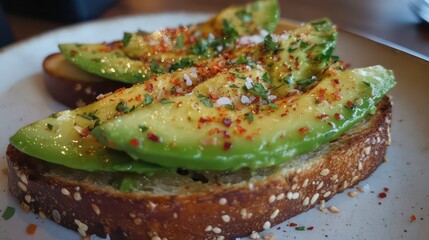 Poster - Two slices of toasted bread topped with avocado, red pepper flakes, salt, and herbs on a white plate.