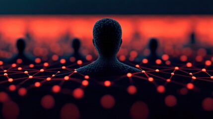 Leinwandbilder - A silhouetted figure stands among a network of glowing nodes, set against an abstract red background, suggesting themes of connection and digital interaction.