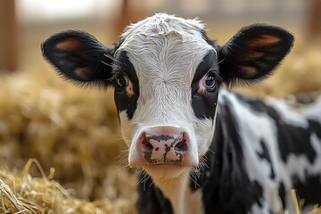 Close-up portrait of a black and white calf on a farm