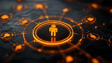 Leinwandbilder - A digital illustration featuring an orange line figure at the center, connected to various icons, symbolizing interconnectedness and technology.