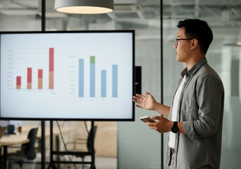 Poster - Young professional explaining charts and statistics during a business meeting in a modern office