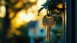 © CreativeBro - Close-up of a metallic key hanging with a softly blurred home background symbolizing property ownership, real estate, and security themes.
