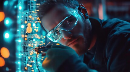 Fototapete - A scientist in safety goggles working on a complex piece of technology.