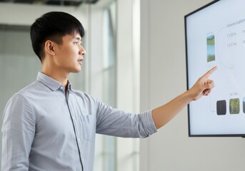 Poster - Young professional engineer pointing at screen showing chromatic dispersion data during presentation in modern office